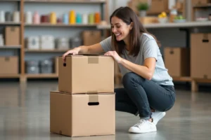 Femme achetant des cartons de déménagement pas chers dans un magasin Gifi