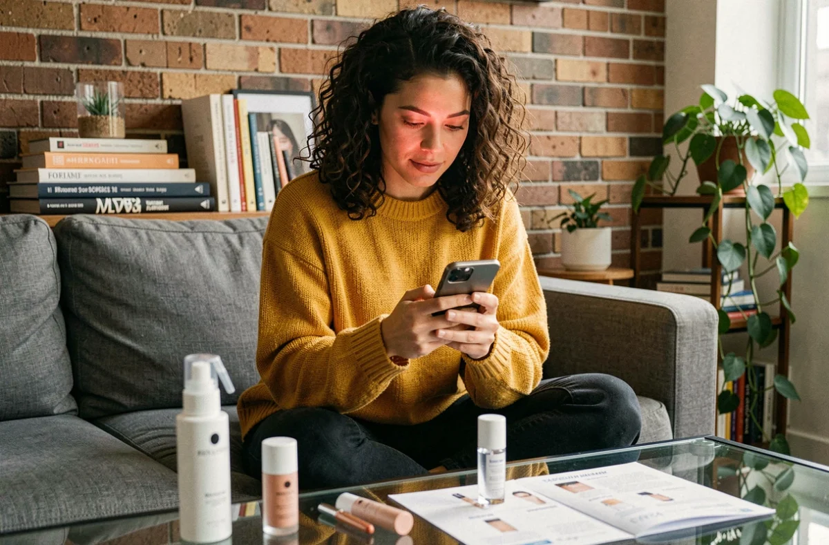 Femme aux cheveux bouclés consultant une application de beauté sur smartphone depuis son canapé avec des produits de soin disposés sur la table basse