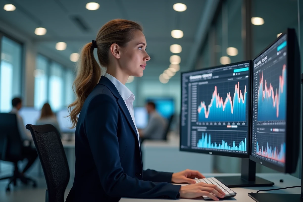 Femme cadre dans une banque moderne analysant des graphiques financiers sur double écran en 2024