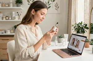 Jeune femme découvrant des produits de beauté tendance sur un bureau minimaliste avec ordinateur portable ouvert sur une boutique en ligne