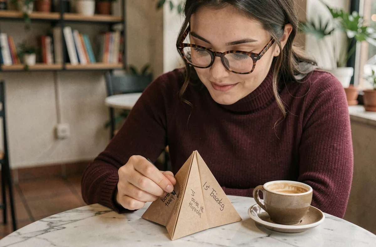 Femme adulte écrivant un message à l'intérieur d'une cocotte en papier kraft dans un café cosy