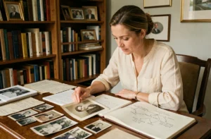 Femme explorant des photos de famille et un arbre généalogique manuscrit sur un bureau en bois, illustrant la curiosité sur les origines familiales