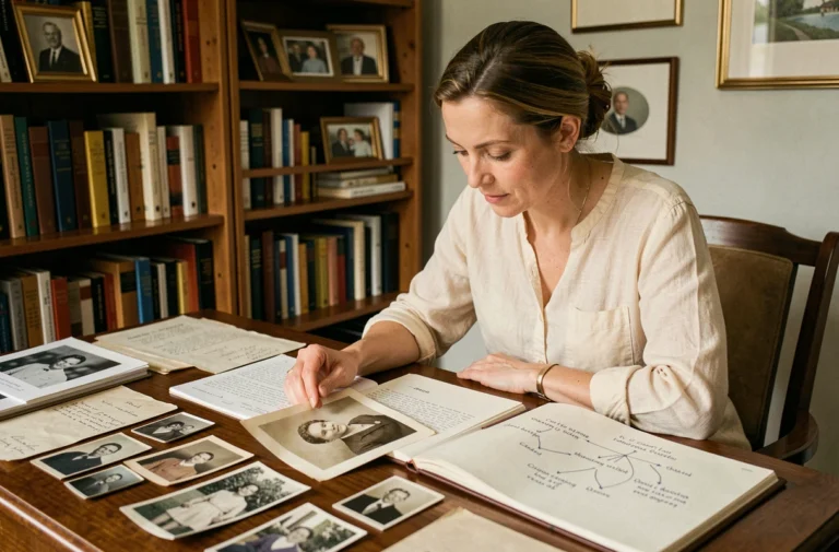 Femme explorant des photos de famille et un arbre généalogique manuscrit sur un bureau en bois, illustrant la curiosité sur les origines familiales