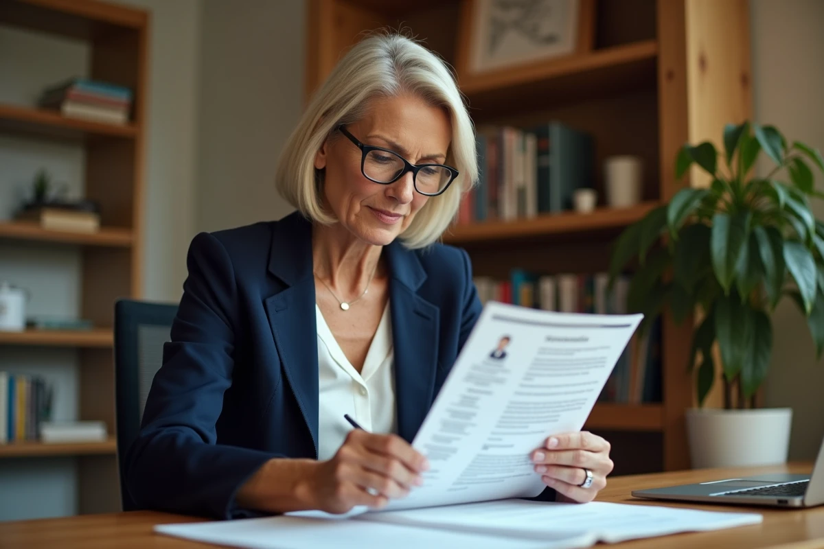 Femme senior en blazer marine révisant son CV sur un bureau en bois dans un bureau à domicile bien organisé, préparant sa candidature pour un emploi à La Poste