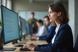 Femme professionnelle analysant une stratégie de transformation digitale sur un grand écran dans un bureau moderne