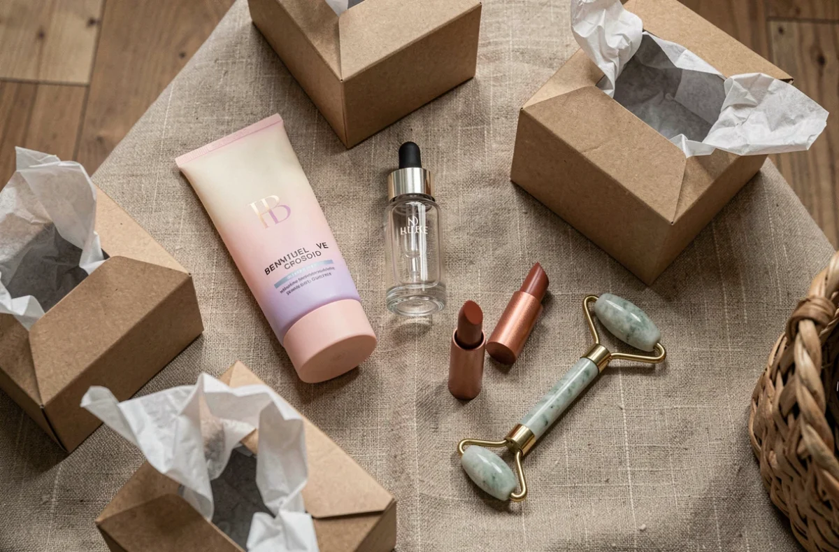 Flat lay de produits de beauté tendance déballés avec boîtes e-commerce en kraft sur fond de lin texturé