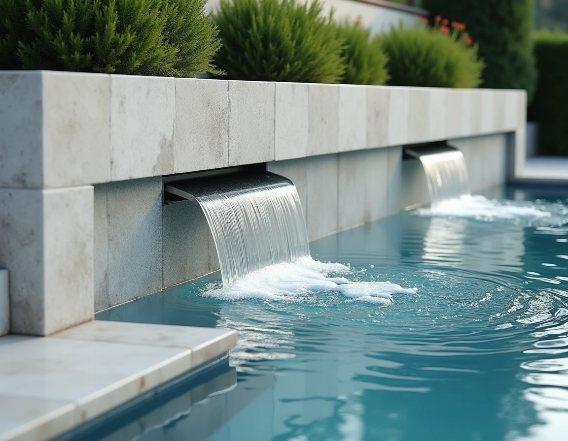 Fontaine murale intégrée dans le mur d'une piscine extérieure avec lame d'eau tombant dans un bassin en pierre