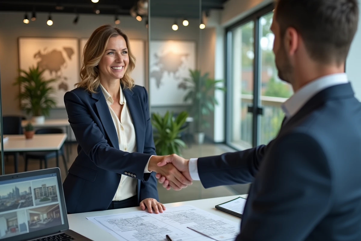 Une franchisée immobilière signe un accord de partenariat avec un franchiseur dans une agence moderne en 2024