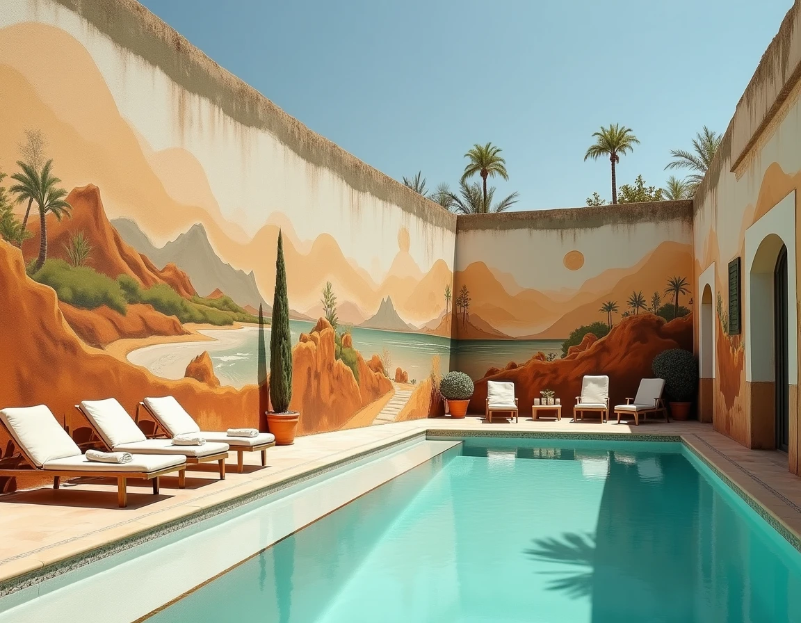 Fresque peinte en enduit teinté dans la masse sur le mur d'une piscine extérieure avec motifs méditerranéens