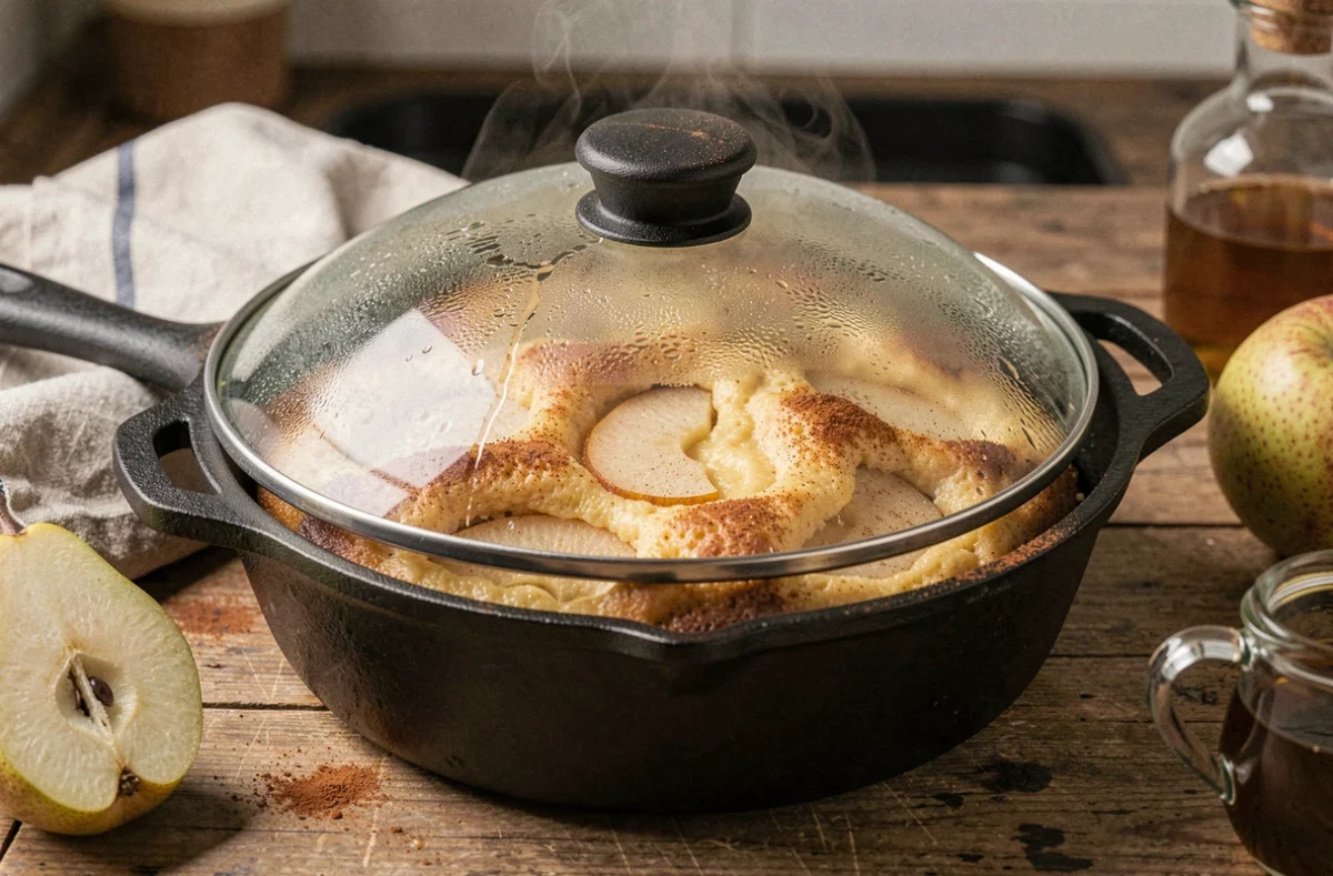 Gâteau à la poire cuit sous couvercle dans une poêle en fonte avec des tranches de poire fondantes