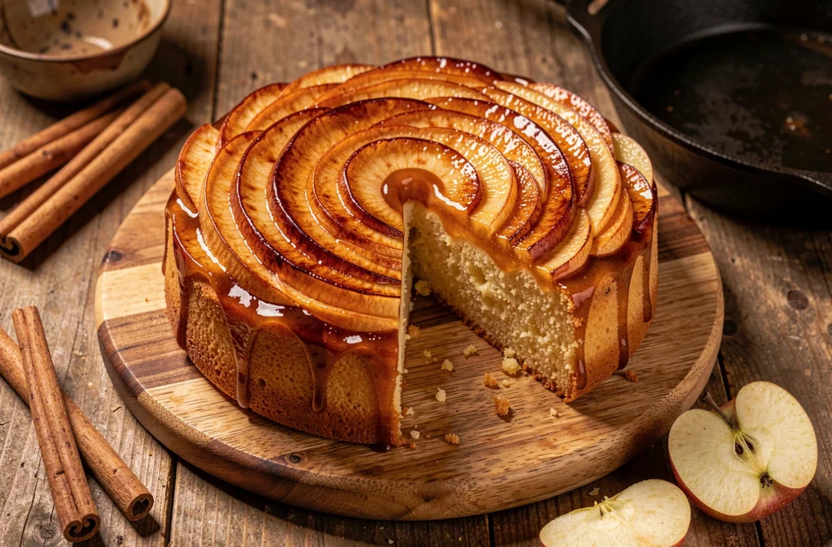Gâteau aux pommes retourné avec un nappage de pommes caramélisées dorées cuit à la poêle