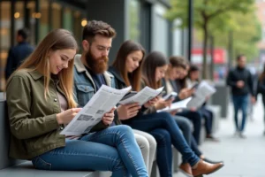Groupe diversifié lisant journaux et smartphones en ville