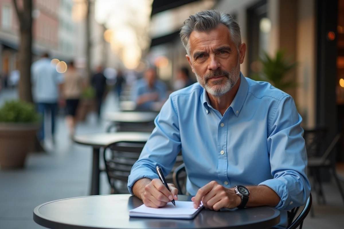 Homme lisant notes dans un café en extérieur