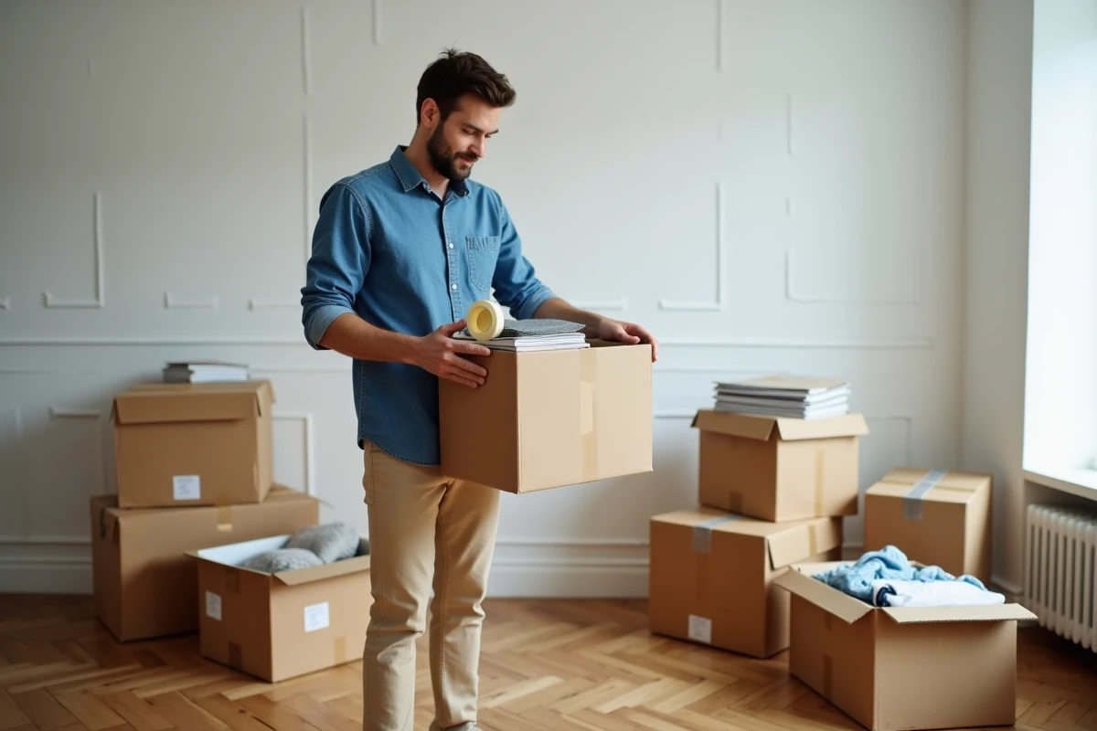 Homme en train d'emballer ses affaires dans des cartons de déménagement dans son salon