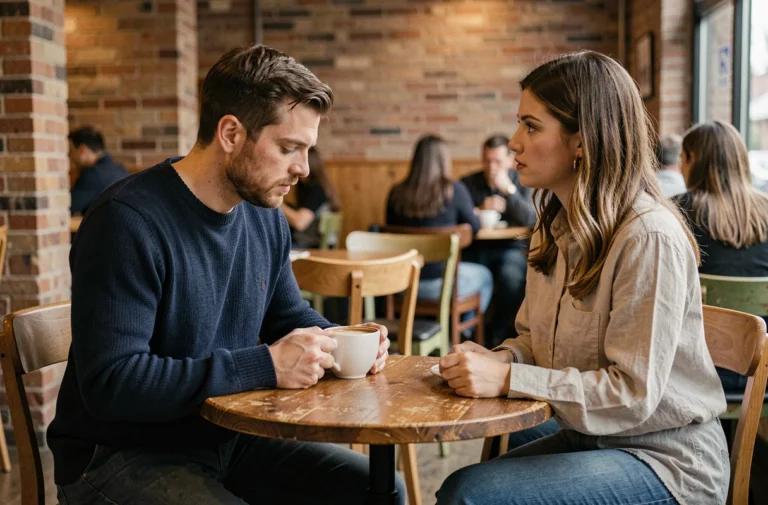 Homme évitant le regard d'une femme dans un café, regardant sa tasse de café avec une expression réservée