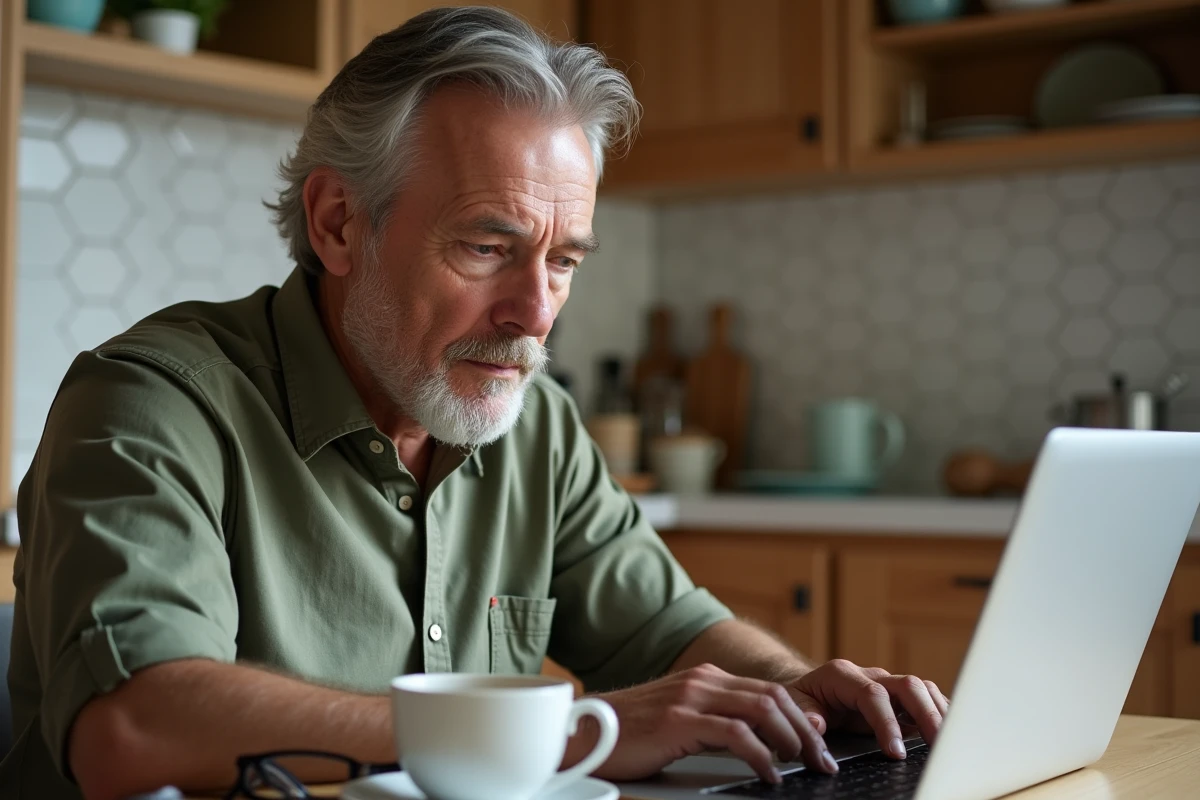 Homme senior concentré remplissant une candidature en ligne sur son ordinateur portable dans une cuisine française, pour une opportunité d'emploi senior à La Poste