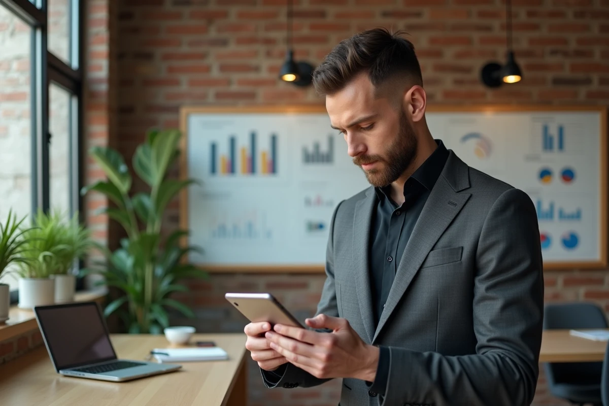 Homme d'affaires en startup fintech utilisant smartphone et tablette pour gérer des opérations bancaires numériques