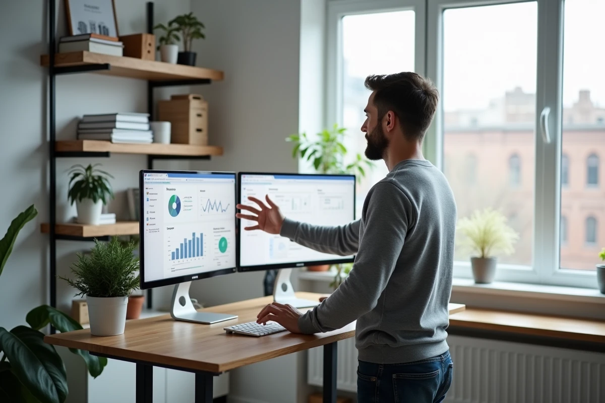 Homme en télétravail utilisant des outils numériques et tableaux de bord pour sa transformation digitale depuis un bureau à domicile
