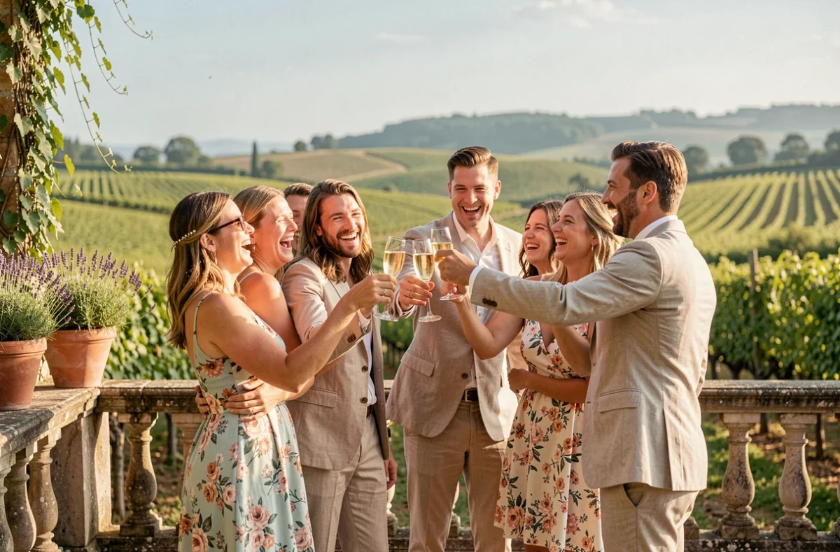 Invités de mariage portant un toast au champagne sur une terrasse avec vue sur un vignoble lors d'une célébration inoubliable