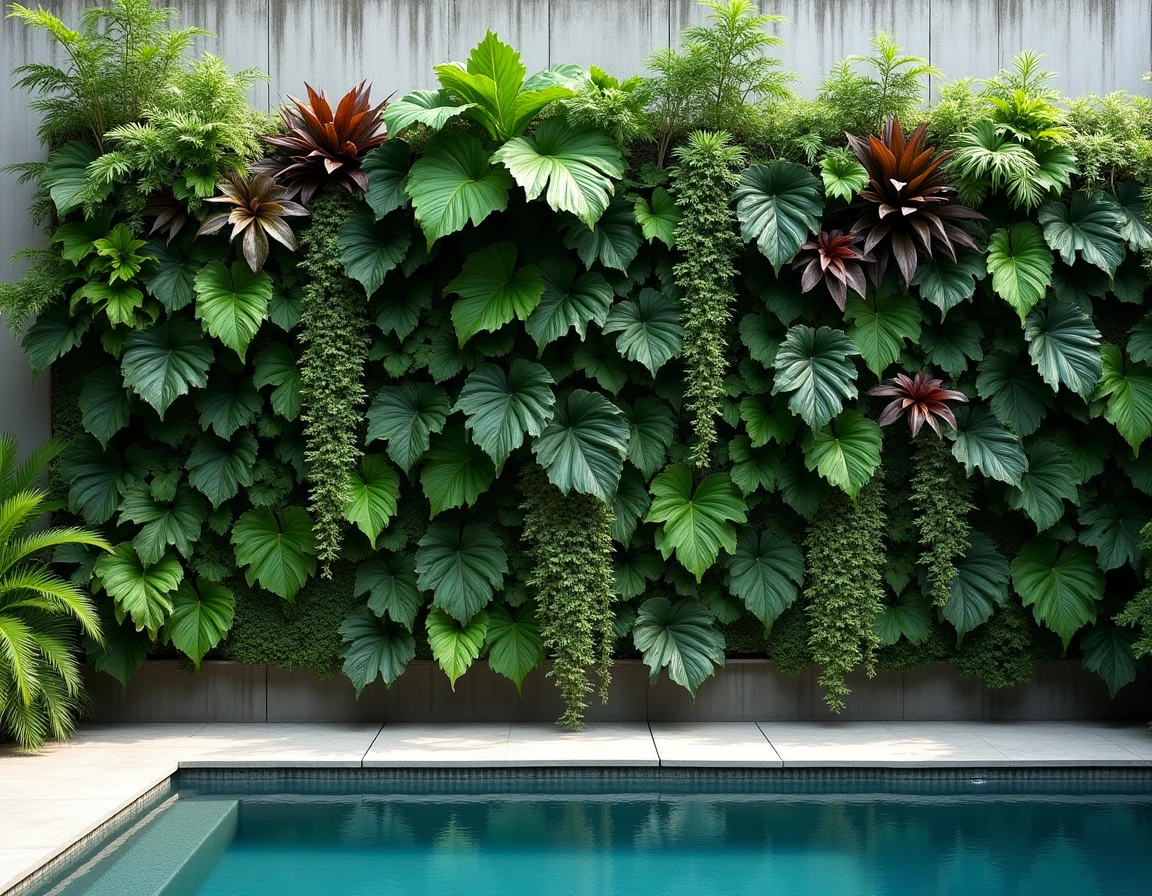 Jardin vertical dense installé sur un mur porteur au bord d'une piscine extérieure avec plantes variées