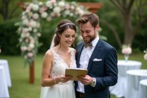 Jeune couple souriant en mariage dans un jardin