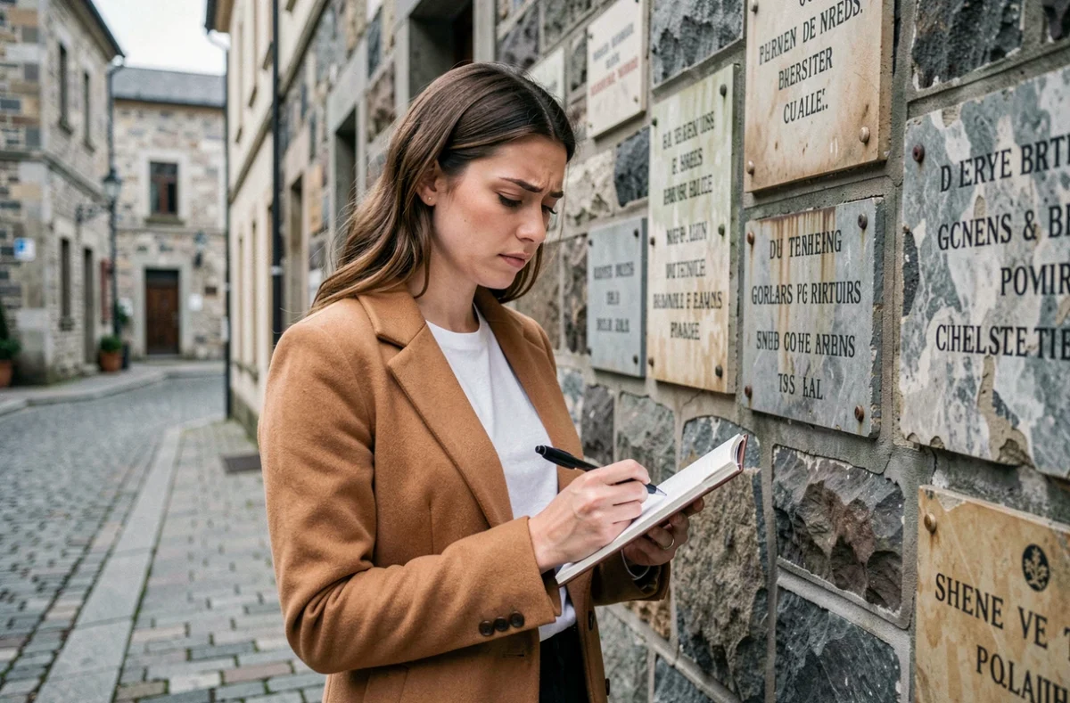 Jeune femme lisant des plaques historiques sur un mur en pierre dans un quartier ancien, symbolisant la quête des origines et de l'héritage familial