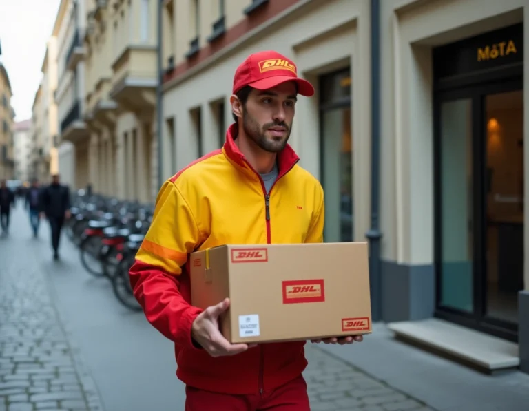 Livreur DHL transportant un colis Zalando vers l'entrée d'un immeuble résidentiel en milieu urbain