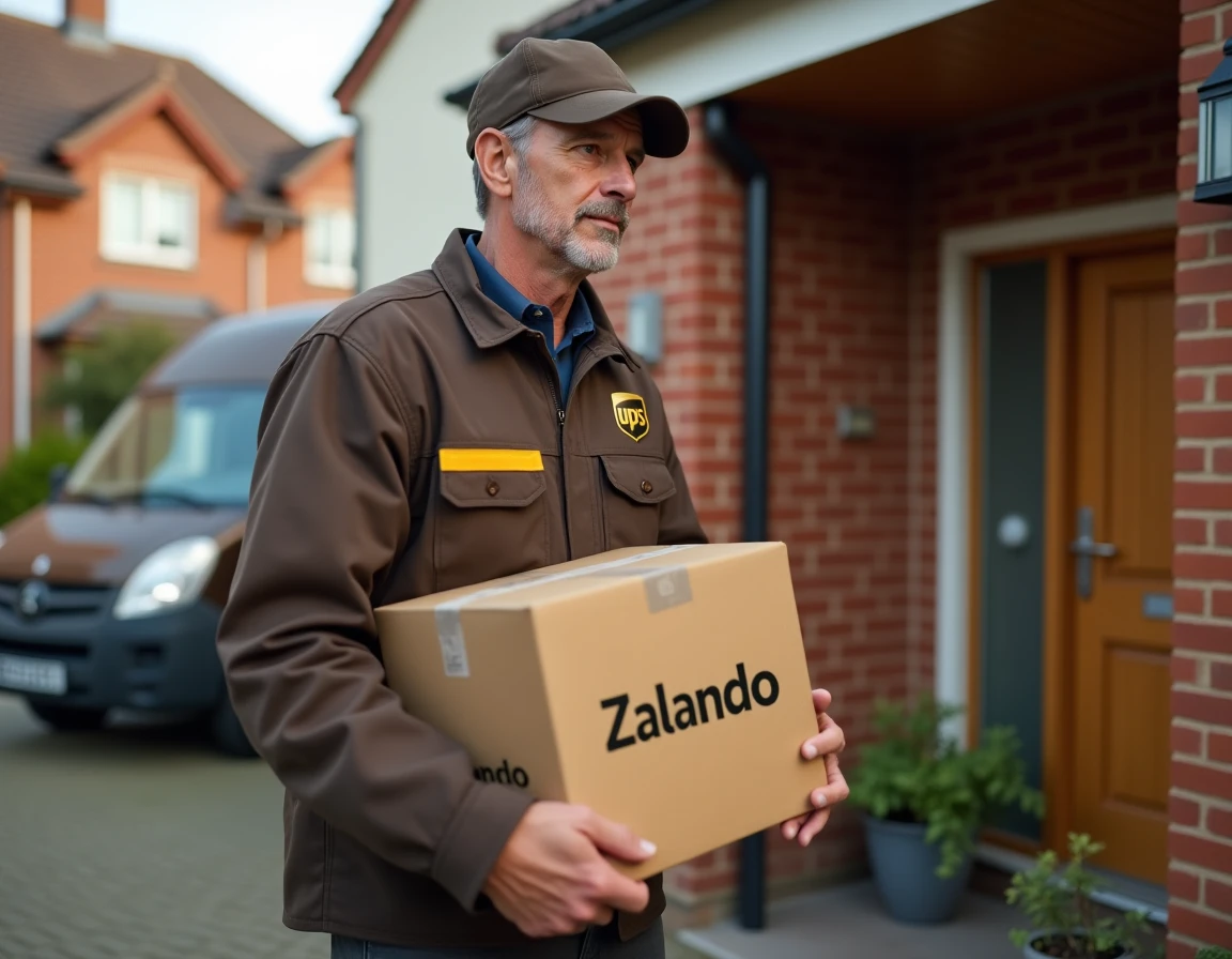 Livreur UPS déposant un colis Zalando devant la porte d'une maison pavillonnaire en banlieue