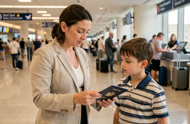 Mère et enfant consultant un passeport au comptoir d'enregistrement d'un aéroport avant un voyage