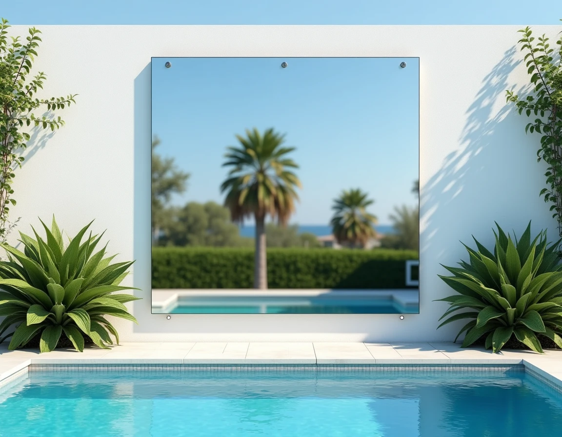 Miroir mural extérieur en acrylique grand format installé près d'une piscine pour agrandir visuellement l'espace