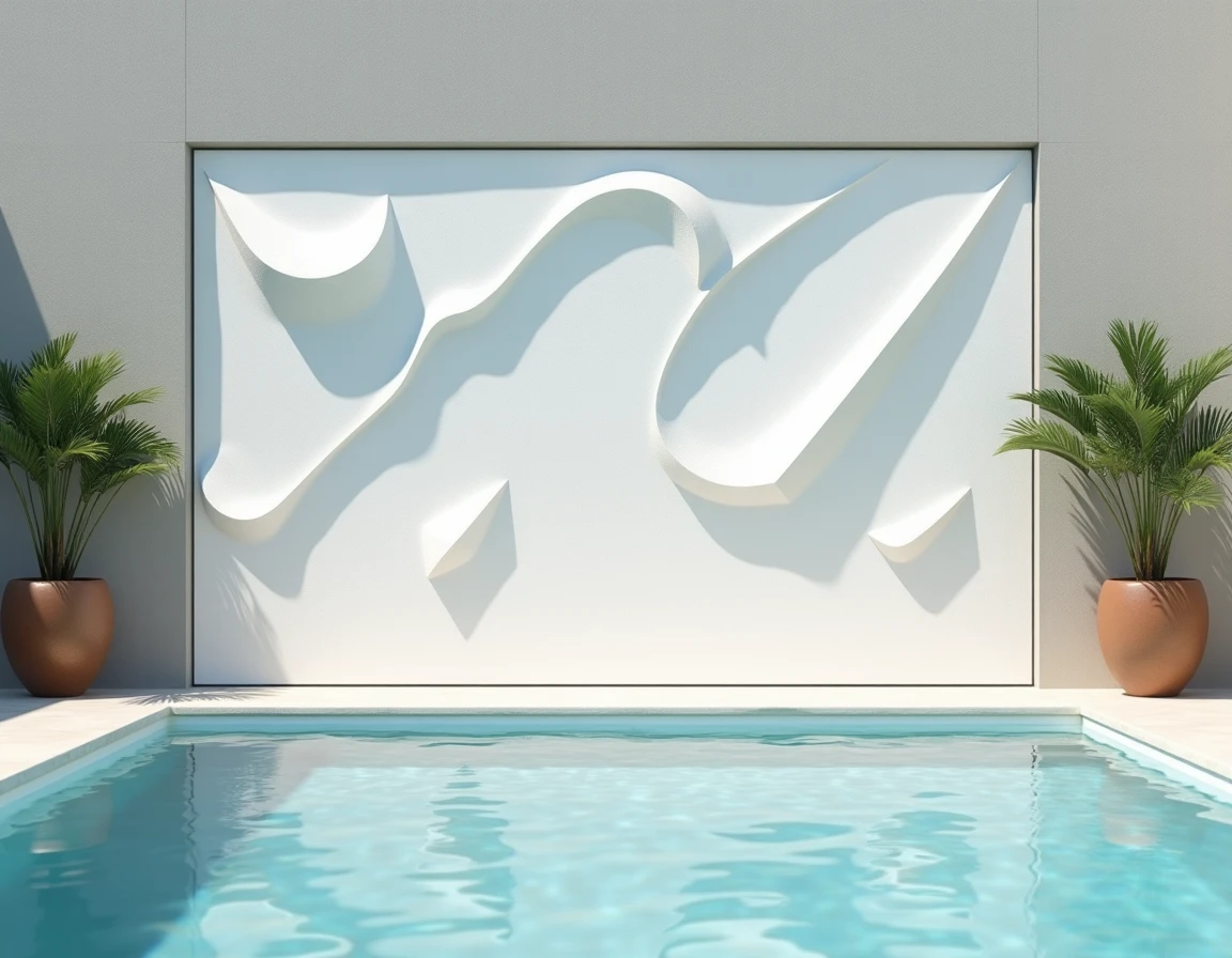 Mur décoratif en relief 3D avec motifs géométriques en béton blanc autour d'une piscine extérieure
