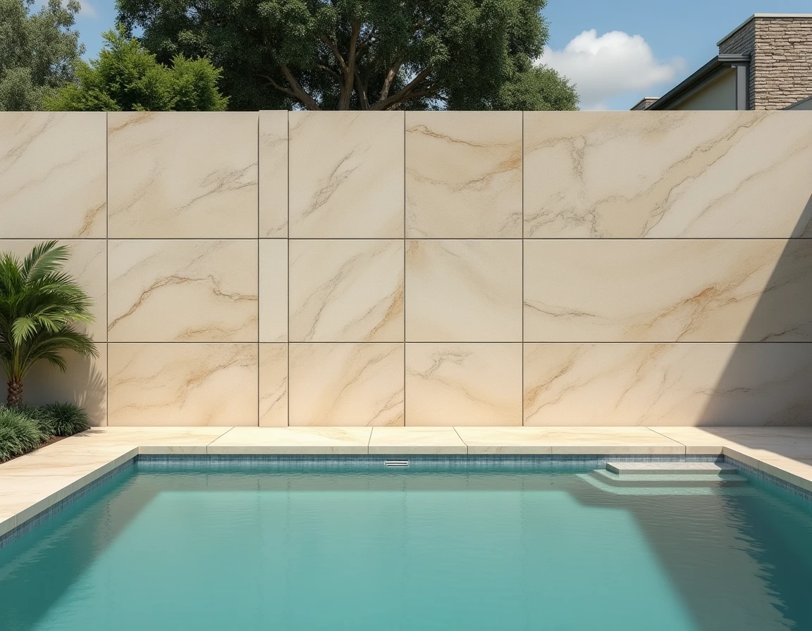 Panneaux grand format imitation pierre naturelle installés sur le mur d'une piscine extérieure