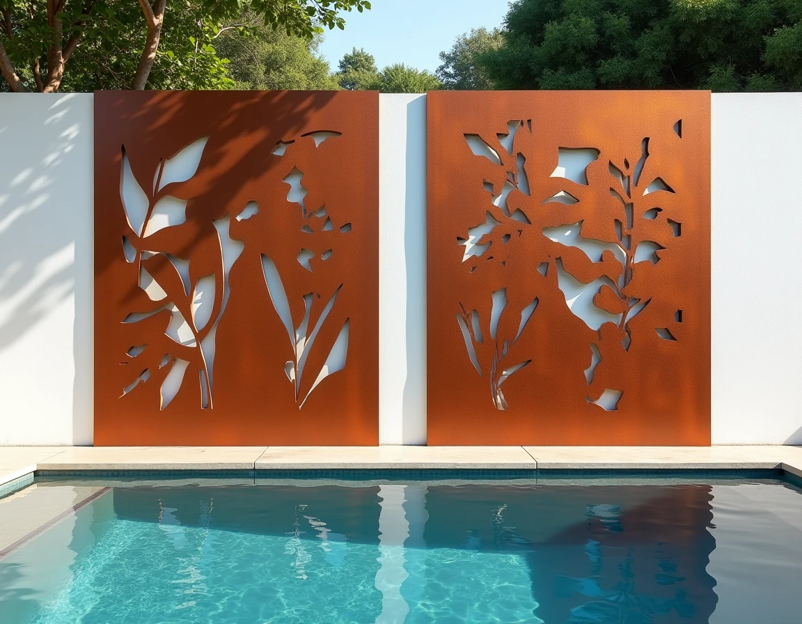 Panneaux en métal Corten découpés au laser avec motifs végétaux sur le mur d'une piscine extérieure