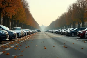 Parking gratuit à proximité du Château de Versailles avec voitures garées et toiture du château visible au loin