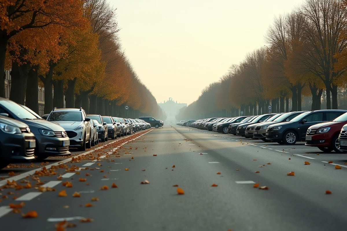 Parking gratuit à proximité du Château de Versailles avec voitures garées et toiture du château visible au loin