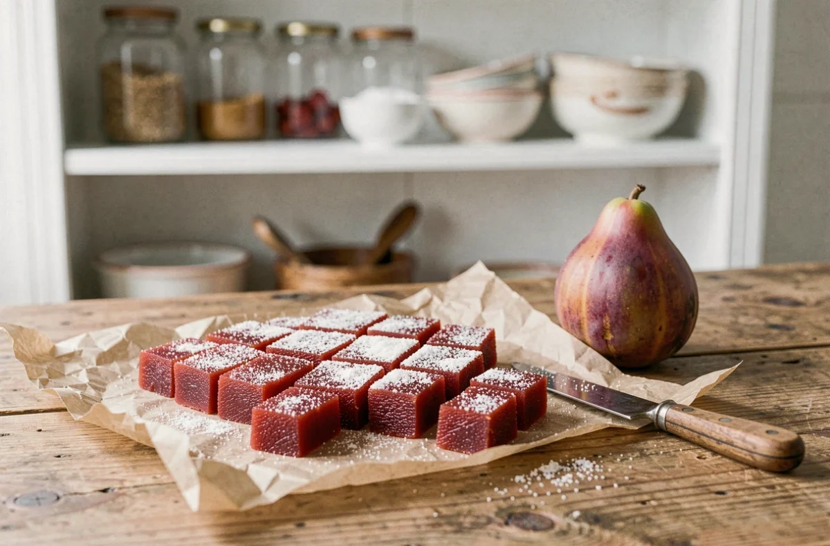 Pâte de coing séchée coupée en losanges et saupoudrée de sucre sur une table en bois rustique