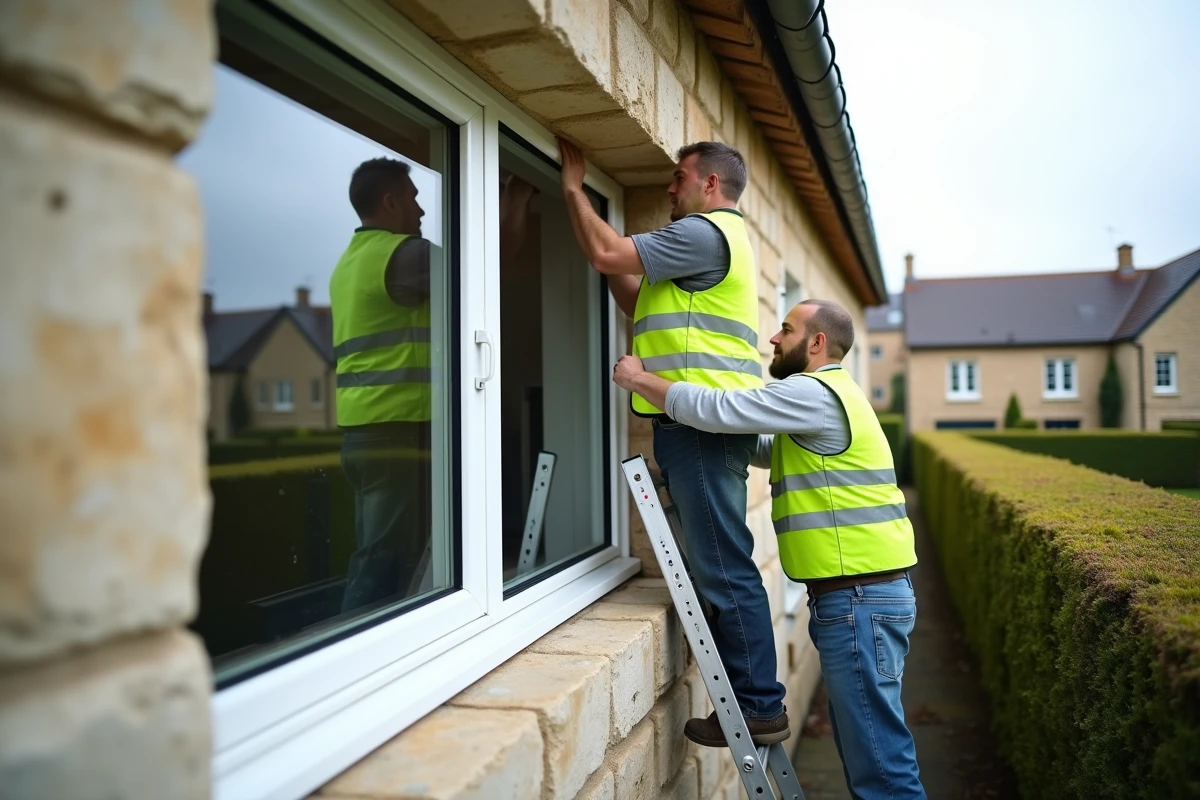 Deux ouvriers posant une fenêtre double vitrage en PVC sur une façade en pierre lors d'une rénovation de maison individuelle