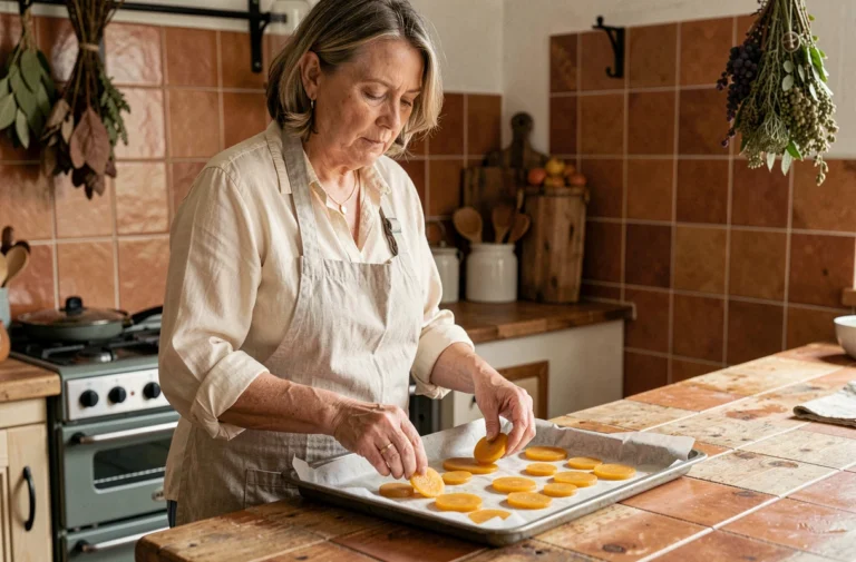 Femme préparant des tranches de pâte de coing sur une plaque de cuisson dans une cuisine rustique