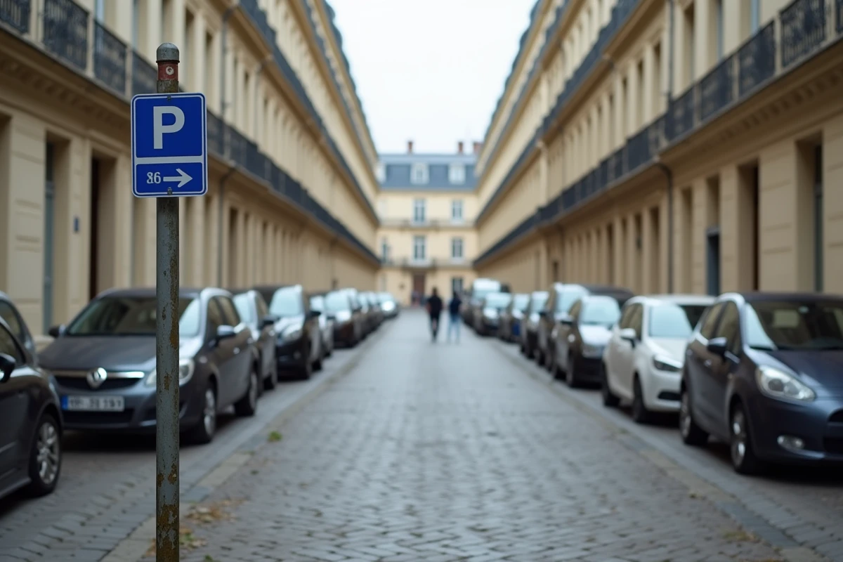 Rue pavée avec parking gratuit en zone résidentielle près du Château de Versailles et panneau de stationnement bleu