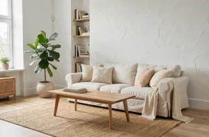 Salon de style scandinave avec canapé en lin crème, table basse en chêne et plante verte dans un pot en céramique mate
