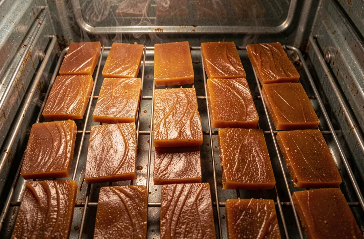 Pâte de coing en train de sécher sur une grille dans un four domestique, vue de dessus