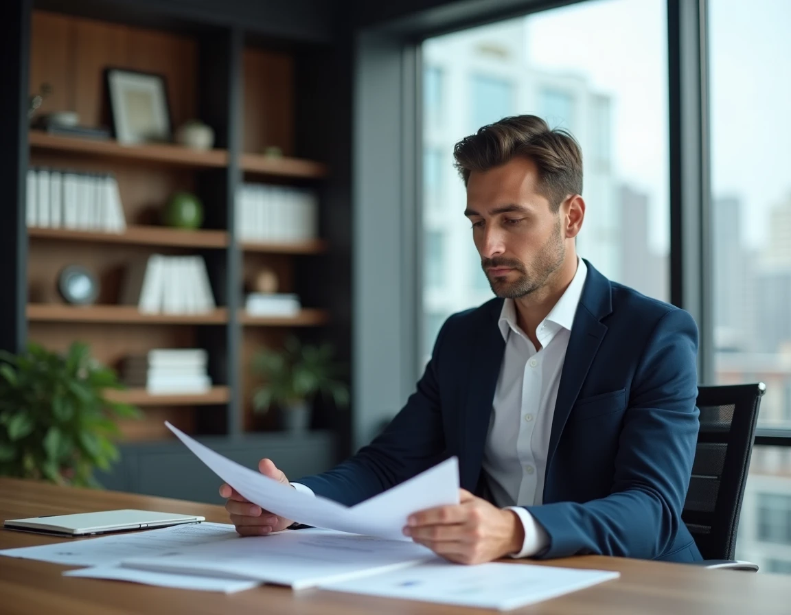Homme consultant expert analysant des avis et critiques professionnels dans un bureau moderne en 2026