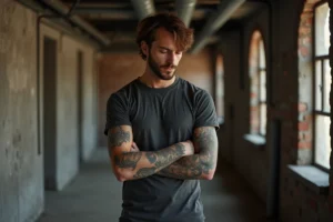 Chanteur de rock avec tatouages sur les avant-bras dans un couloir de scène industriel, regardant ses tatouages