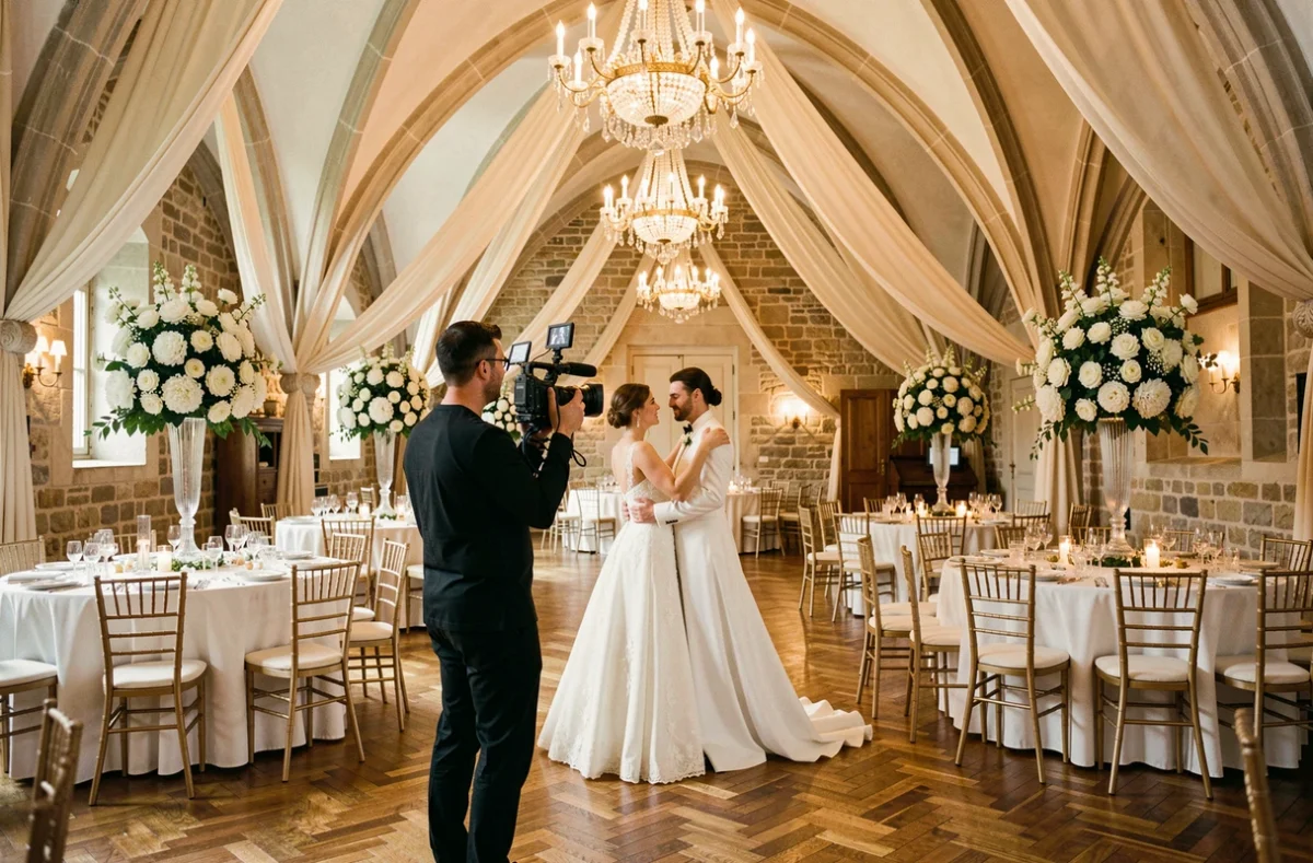 Vidéaste filmant les mariés lors de leur première danse dans un château lors d'une réception de mariage d'exception